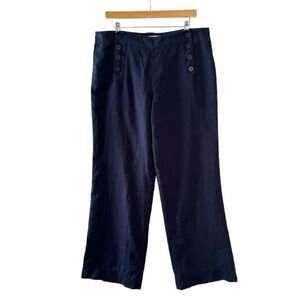 Max Studio Navy Blue 100% Linen Sailor Button Front Wide Leg Trousers Size 12